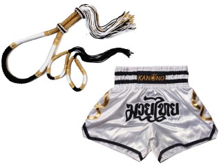 Komplettset  Mongkol + Prajead + Muay Thai Shorts : Set-Mongkol-ThaiStyle-Weiß-Schwarz-Gold-143-Weiß